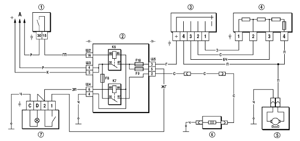 Рис. 7-34. Схема включения электродвигателя вентилятора отопителя и элемента обогрева